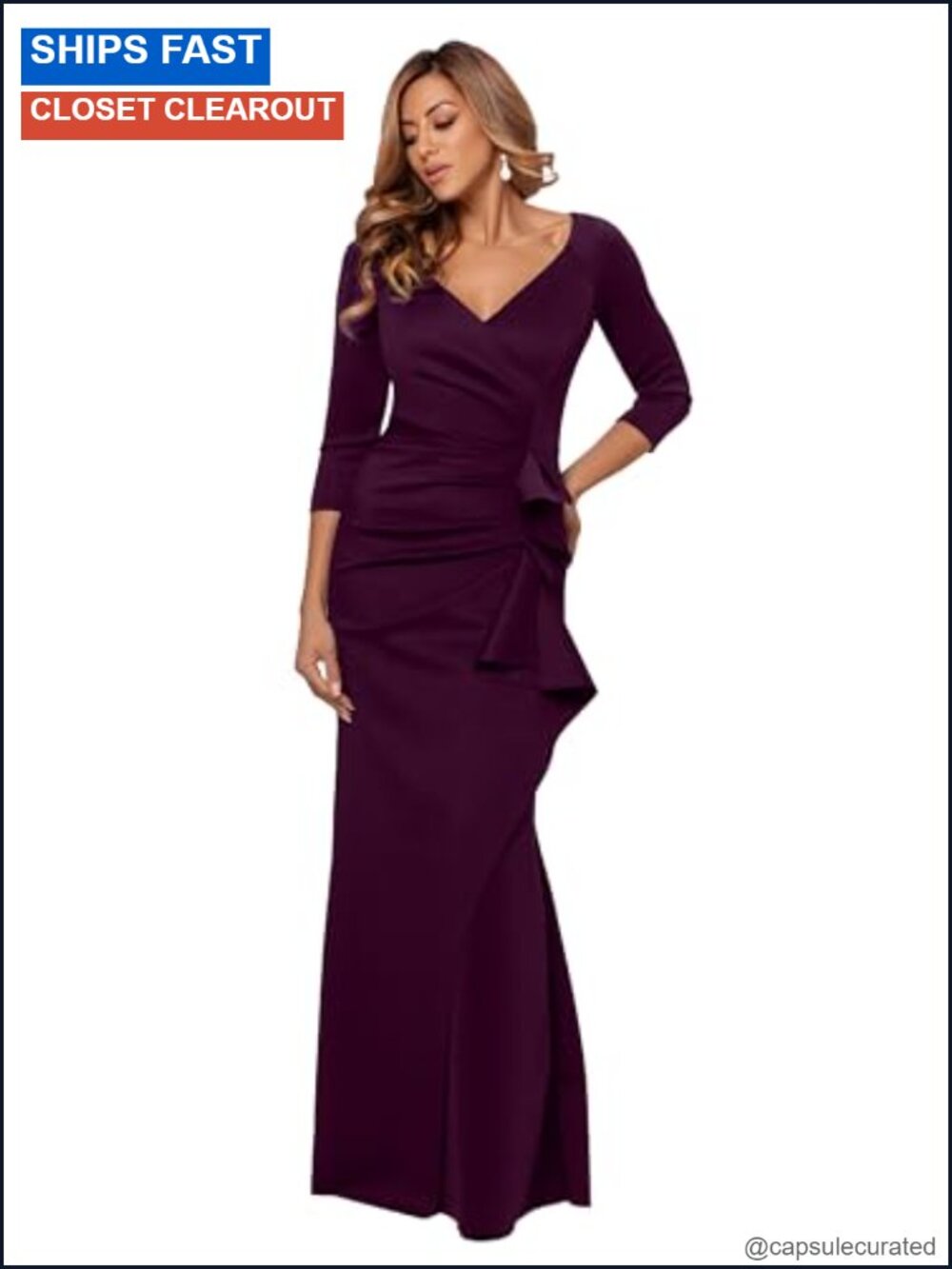 Xscape Women's Floor Length V-Neck Bodycon Evening Gown 3/4 Sleeves Rushing